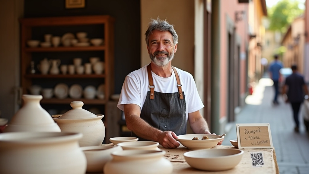 Artigiano che espone i suoi prodotti al mercato locale con cartello informativo del sito web