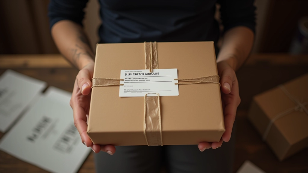 Pacco artigianale ben confezionato con etichetta di spedizione, scrivania ordinata con penna e foglio di accompagnamento