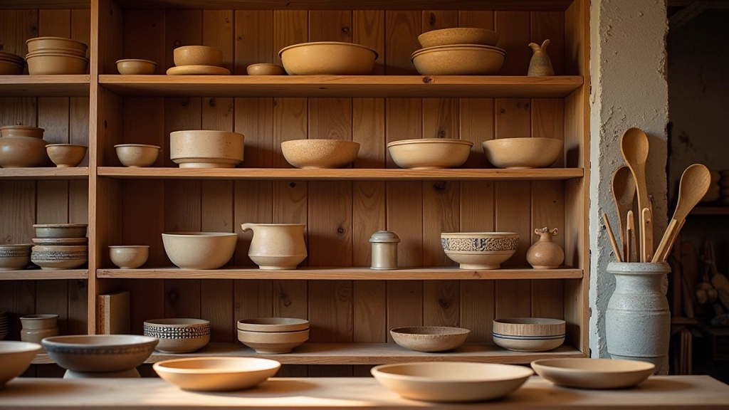 Scaffali con prodotti artigianali ben organizzati in una bottega luminosa, che mostrano varietà e maestria