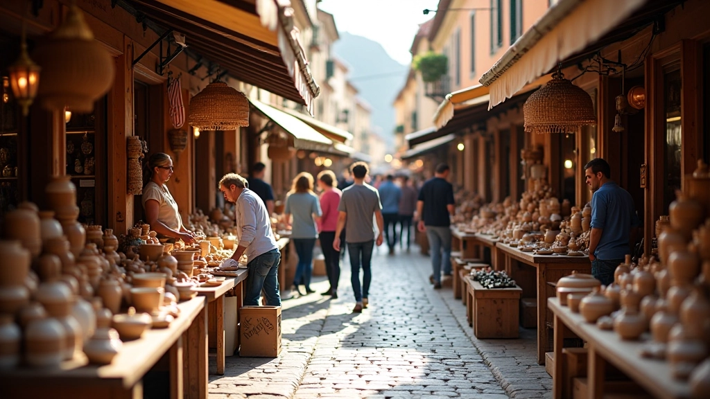 Vivace mercato artigianale locale con banchi espositivi e visitatori
