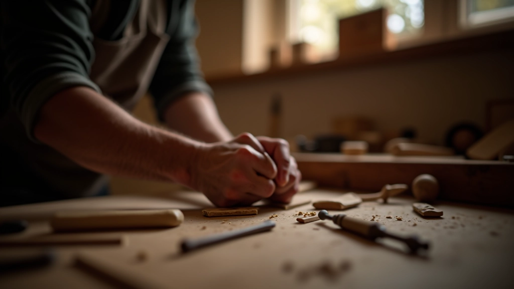 Dettaglio ravvicinato di un artigiano che lavora meticolosamente su un pezzo, mostrando le mani e gli strumenti del mestiere