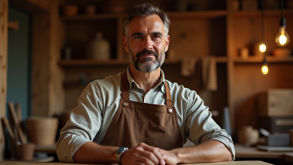 Artigiano al lavoro nel suo laboratorio con attrezzi tradizionali e prodotti finiti esposti