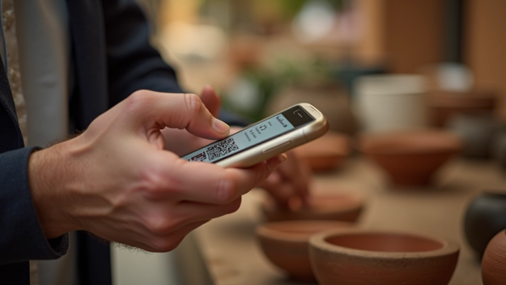 Mano di un cliente che scansiona un codice QR dal bancone del mercato artigianale con prodotto in primo piano