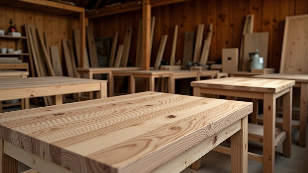 Tavoli in legno massiccio in fase di finitura in falegnameria