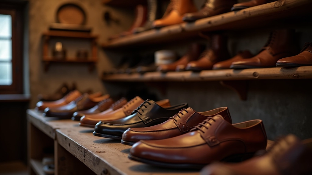 Scarpe artigianali in cuoio esposte su scaffale in bottega
