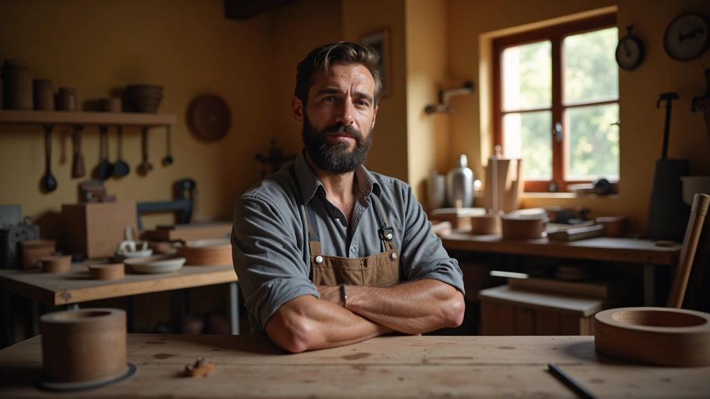 Bottega artigianale italiana con attrezzi tradizionali e prodotti handmade