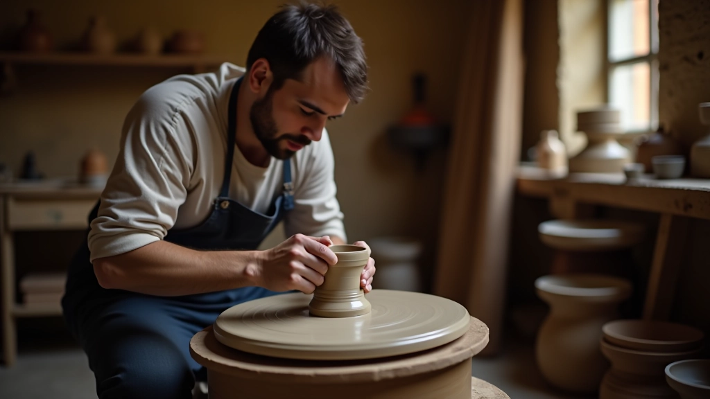Ceramista toscana che lavora al tornio in bottega