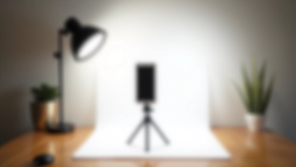 Postazione di fotografia per prodotti con treppiede, smartphone, anelli luce LED a batteria e sfondo bianco neutro