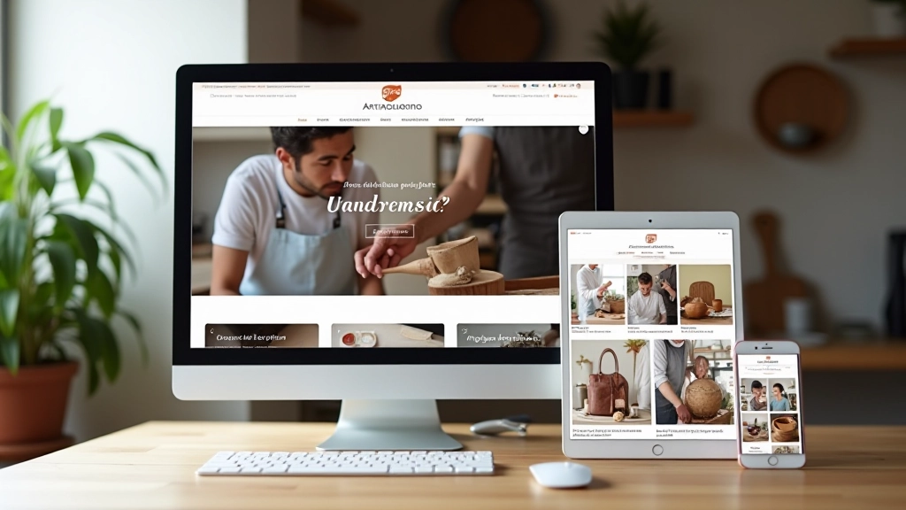 Sito web artigianale moderno visualizzato su desktop con galleria prodotti e e-commerce integrato