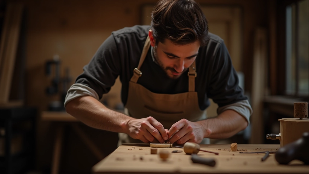 Artigiano al lavoro mentre crea un prodotto fatto a mano con strumenti tradizionali in bottega