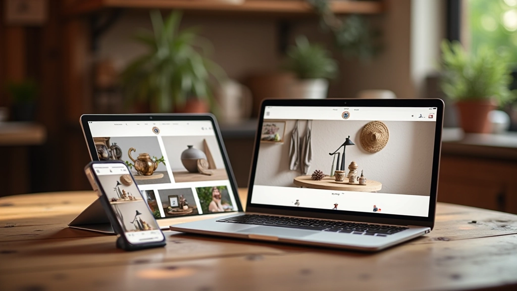 Tablet e smartphone che mostrano il sito web artigianale con foto dei prodotti e calendario dei mercati