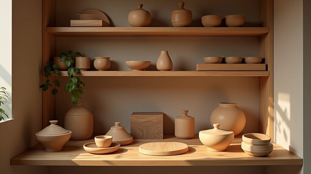 Scaffale con collezione di prodotti artigianali finiti pronti per la vendita